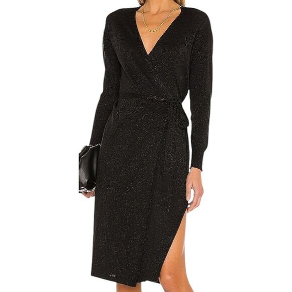 NWT Lovers & Friends Azita Black Knit Lurex Wrap Dress Small - Picture 1 of 7